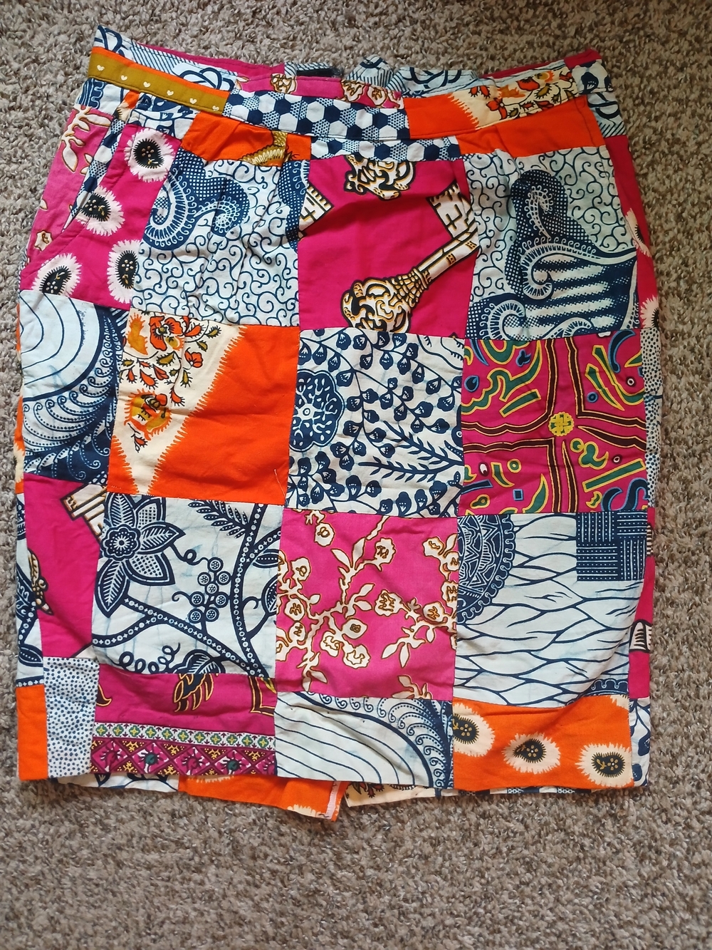 Patchwork WaxPrint Skirt w/pockets - Pink & Orange